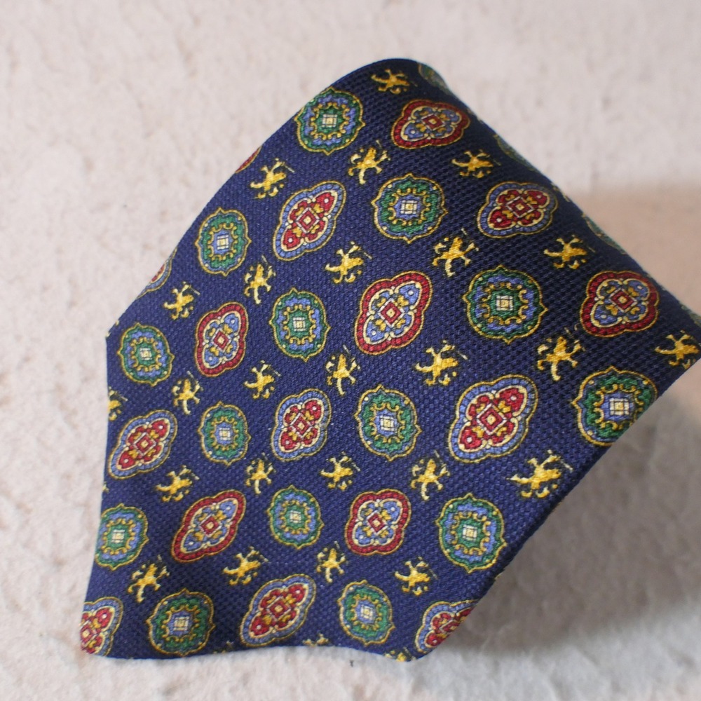 Tommy Hilfiger Mens Italian Silk Tie 58" Navy Blue Crest Medallion Heraldic Lion